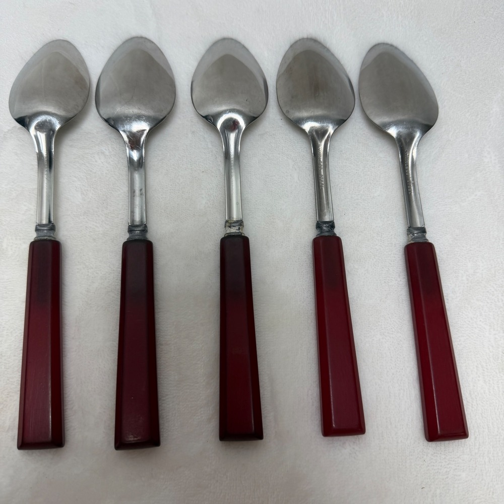 VTG Red Bakelite Handle Stainless Steel Spoons Set of 5 Mid-Century Art Deco - Picture 8 of 14